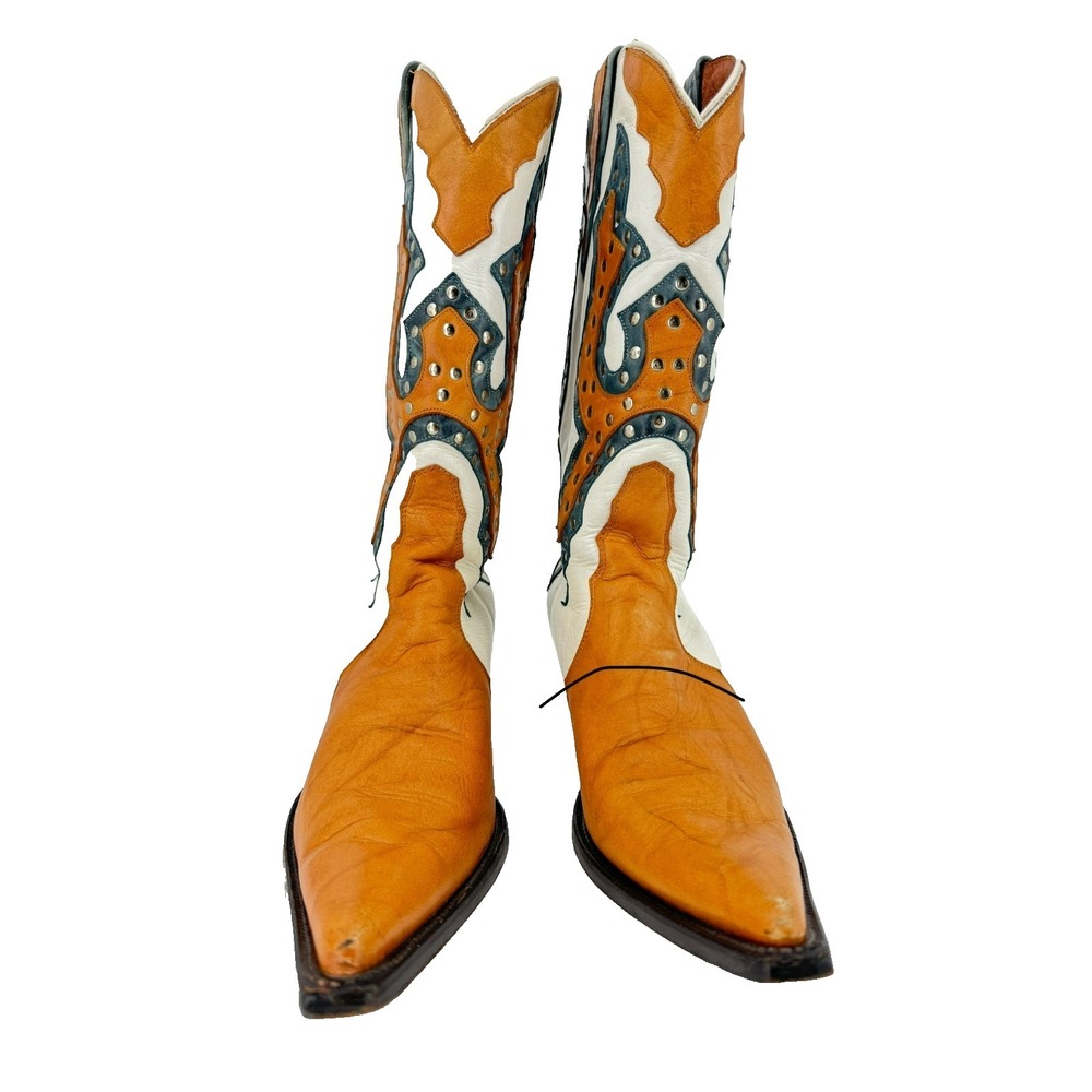 VTG 80s 90s‎ Rancho Boots Mexico Cowboy Western Studded Inlay Leather Size 8-8.5